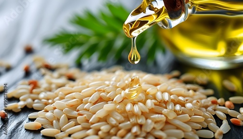 Pure rice bran oil flowing from freshly harvested rice seeds photo