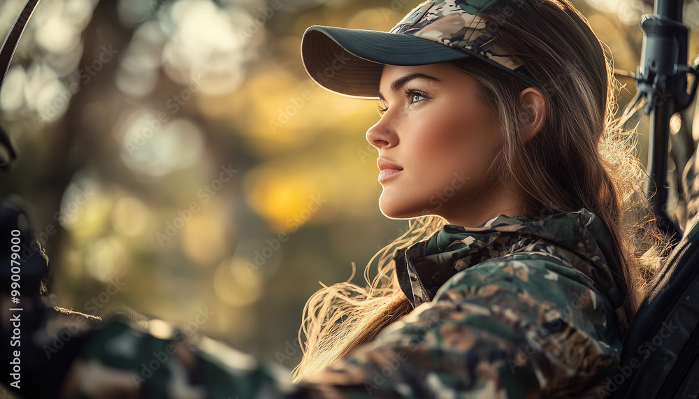 Stealth and Watchfulness, Female Hunter in Camouflage Attire Perched in Tree Stand, Hunting Scenes, Hobbies & Lifestyle, Realistic Photography, Deer Hunting Stealth and Watchfulness, Female Hunter in Camouflage Attire Perched in Tree Stand, Hunting Scenes, Hobbies & Lifestyle, Realistic Photography, Deer Hunting