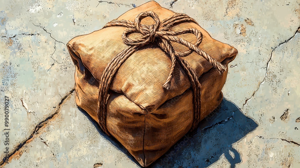 Fotografie Tied Burlap Sack on Concrete Background