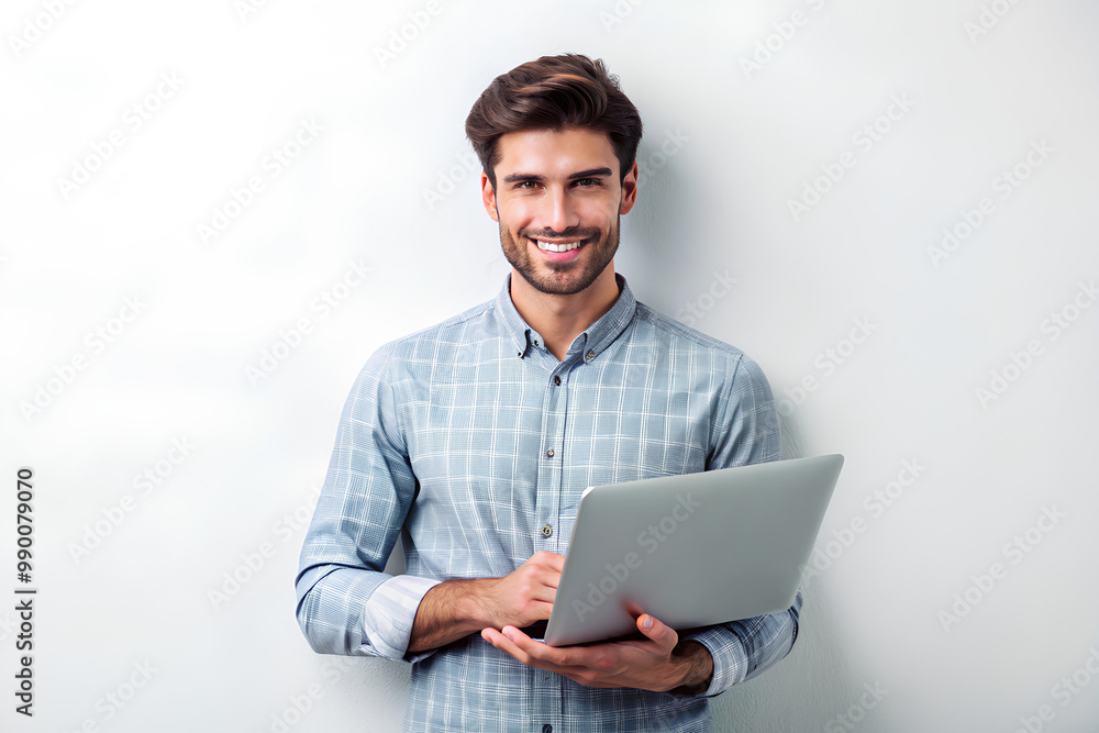 Man Standing and smiling holding laptop for work isolated on white wall, Looking at camera Man Standing and smiling holding laptop for work isolated on white wall, Looking at camera