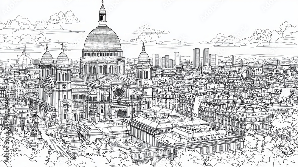 Obraz premium Black and White Sketch of Parisian Cityscape with Church and Skyline