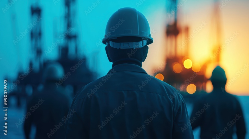 Worker Silhouette at Oil Rig During Sunset Worker Silhouette at Oil Rig During Sunset
