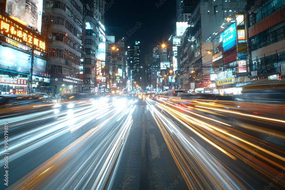 Obraz premium City traffic at night with light trails from cars, wide shot, vibrant urban glow.