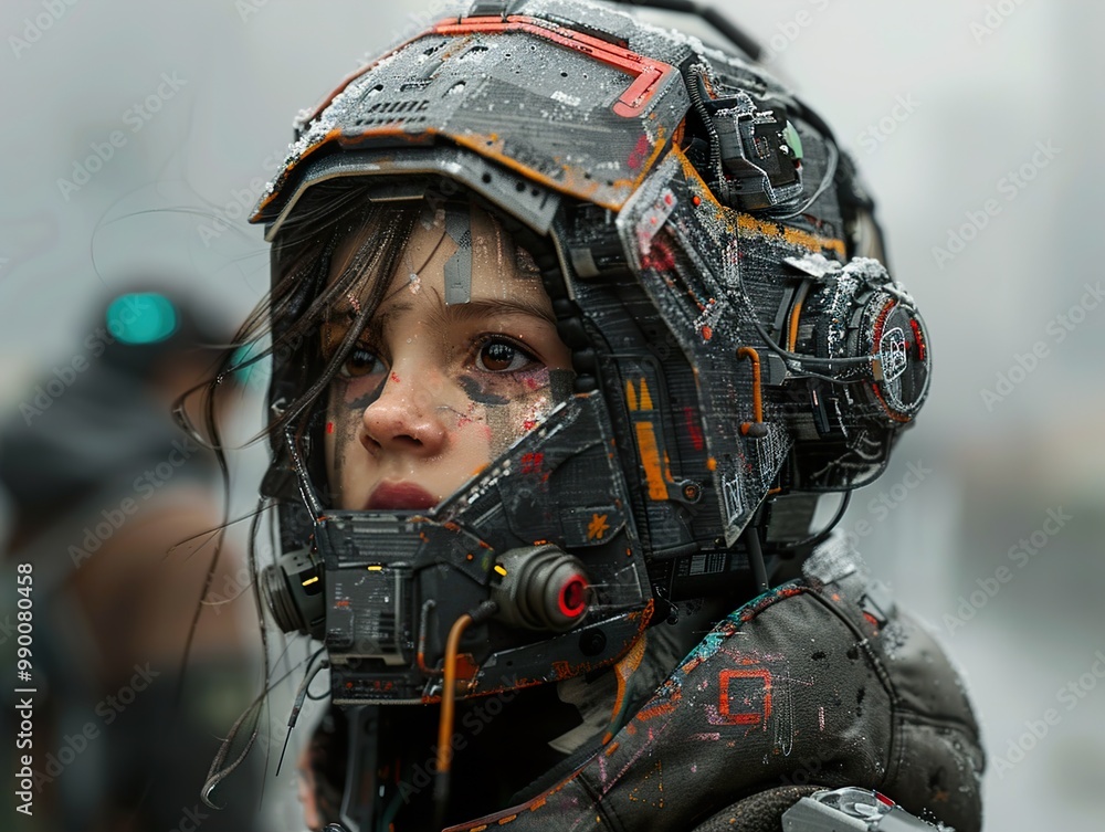 Obraz premium Cyberpunk Girl in a Futuristic Helmet