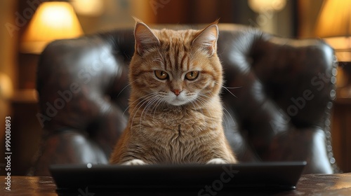 A focused cat sitting at a desk, intently observing a tablet in a cozy, warmly lit room during the afternoon