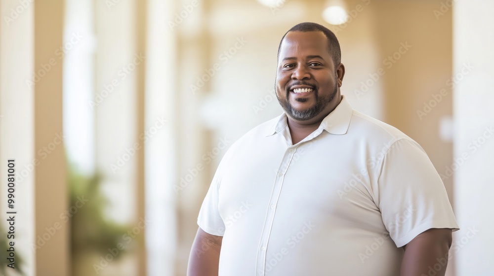 Confident African American Man in Business Casual Attire Smiling in Bright Office Corridor for Corporate Professional Profile
