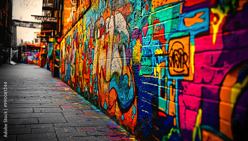 Fototapeta premium A graffiti-covered urban wall, showcasing vibrant colors, bold lines, and an edgy, artistic vibe