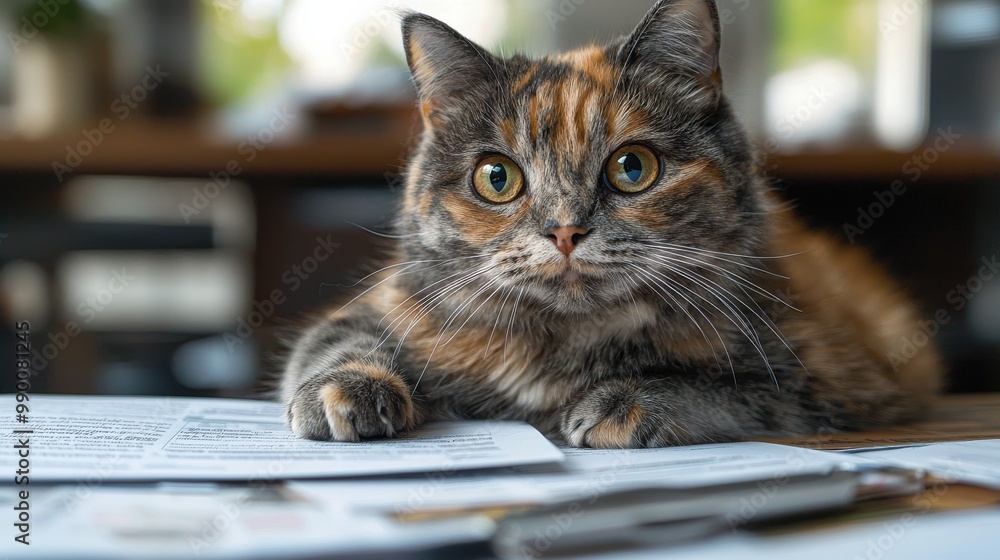 A curious calico cat exploring documents on a wooden desk in a bright, cozy home during the afternoon A curious calico cat exploring documents on a wooden desk in a bright, cozy home during the afternoon