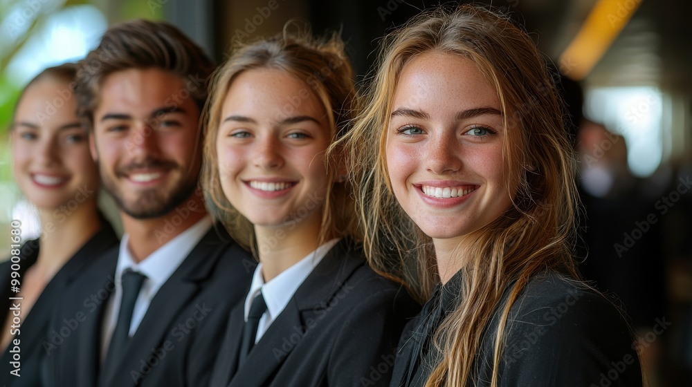 Young professionals in formal attire smile confidently at a business event in a modern setting during the afternoon