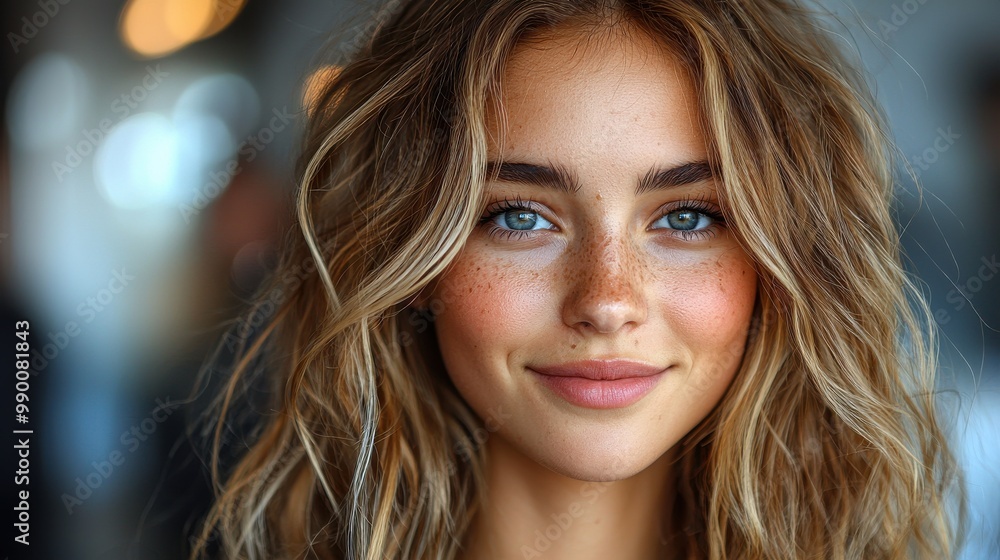 A young woman with wavy hair and blue eyes smiles warmly in a brightly lit urban setting during the late afternoon A young woman with wavy hair and blue eyes smiles warmly in a brightly lit urban setting during the late afternoon