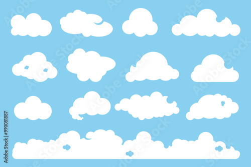 Set of  white clouds on a blue background. Vector design elements.
