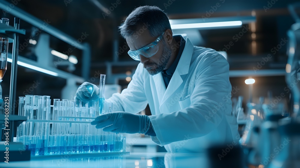 Scientist in Lab Coat Working with Test Tubes Scientist in Lab Coat Working with Test Tubes