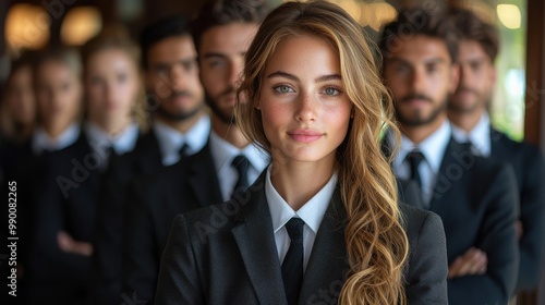 Professional group portrait featuring a confident woman in the foreground and a team of men in suits in the background at an event