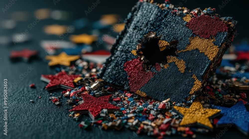 Obraz premium Close-up of a shattered world map with scattered colorful stars, symbolizing the collapse or fragmentation of global unity and order.