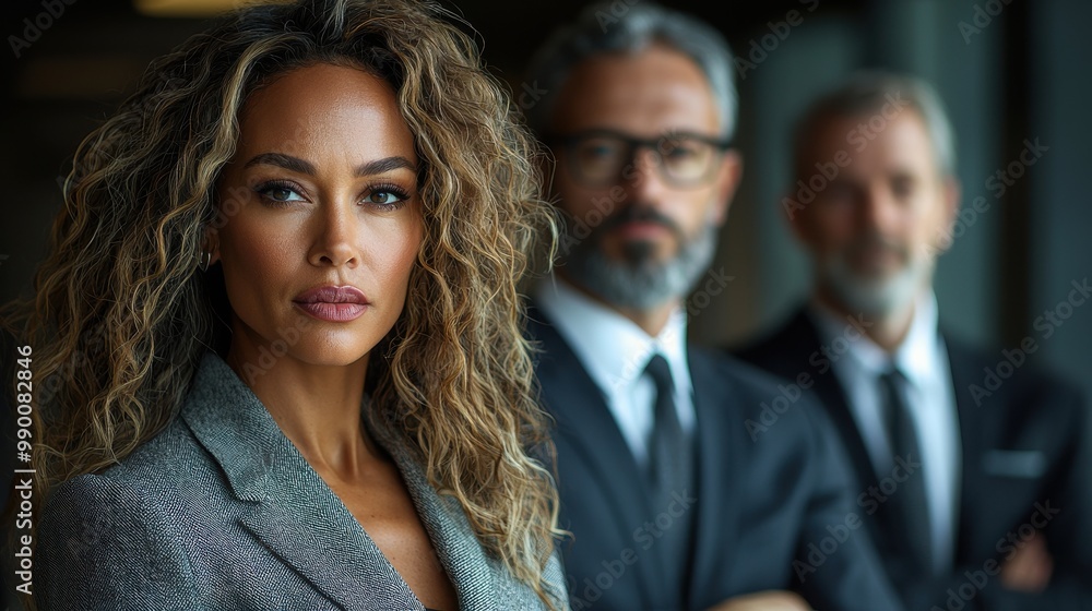 A confident businesswoman stands in the foreground, with two colleagues in suits blurred behind her in a modern office during the day A confident businesswoman stands in the foreground, with two colleagues in suits blurred behind her in a modern office during the day