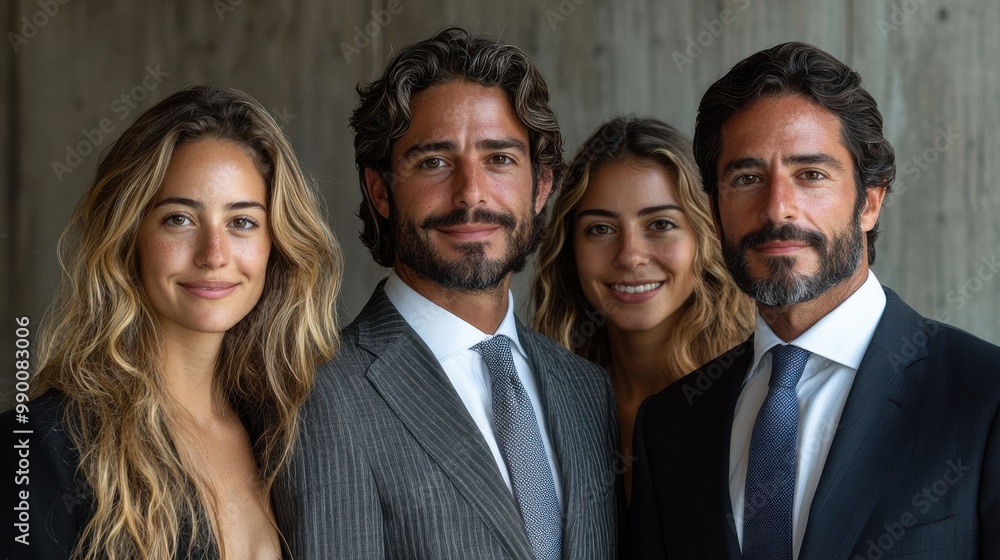 A stylish group of four young adults poses together in formal attire against a natural wood background A stylish group of four young adults poses together in formal attire against a natural wood background
