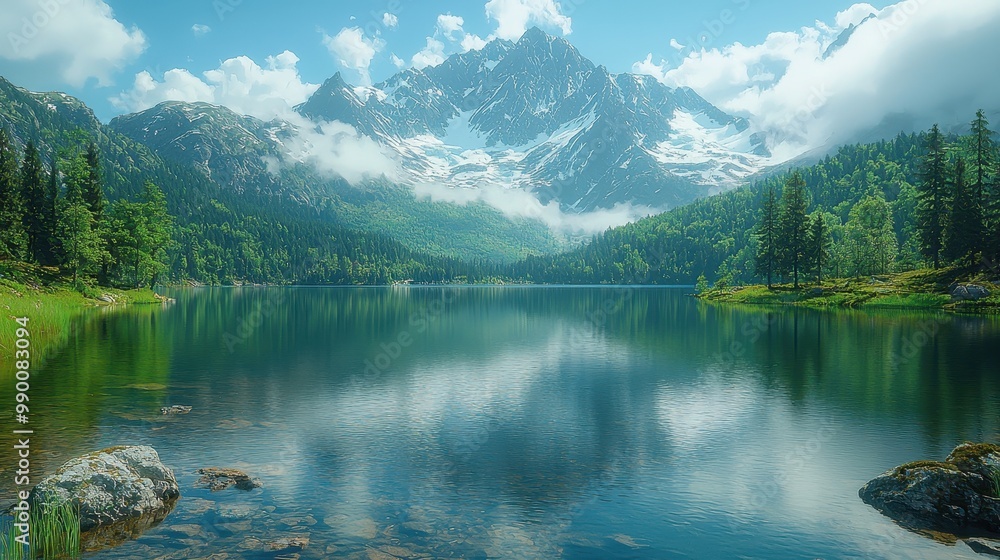 Fototapeta premium Majestic Mountain Lake Landscape with Blue Sky and Clouds