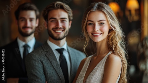 Three elegantly dressed individuals smiling together in a classy setting with soft lighting at an upscale event