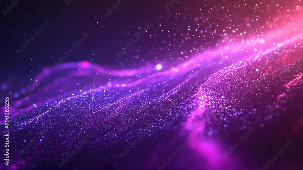 Fototapeta premium Neon purple space with glowing particles forming a futuristic abstract graphic background.