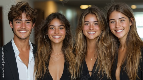 Four young adults posing together in stylish outfits indoors, showcasing smiles and friendly expressions at a social event