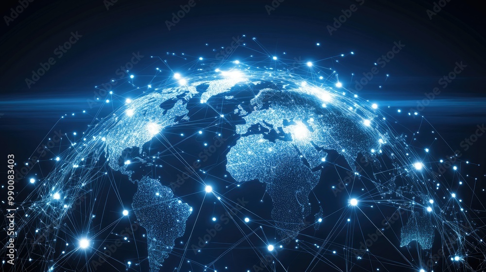Network connections forming across a stylized globe, symbolizing global communication and technology. Network connections forming across a stylized globe, symbolizing global communication and technology.