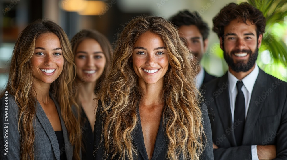 Young professionals smiling in business attire during a corporate event in a modern office setting on a sunny afternoon Young professionals smiling in business attire during a corporate event in a modern office setting on a sunny afternoon