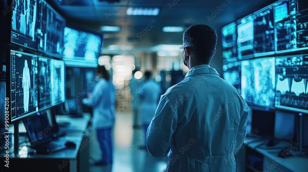 Scientists Analyzing Data on Multiple Monitors in a High-Tech Laboratory Environment Scientists Analyzing Data on Multiple Monitors in a High-Tech Laboratory Environment