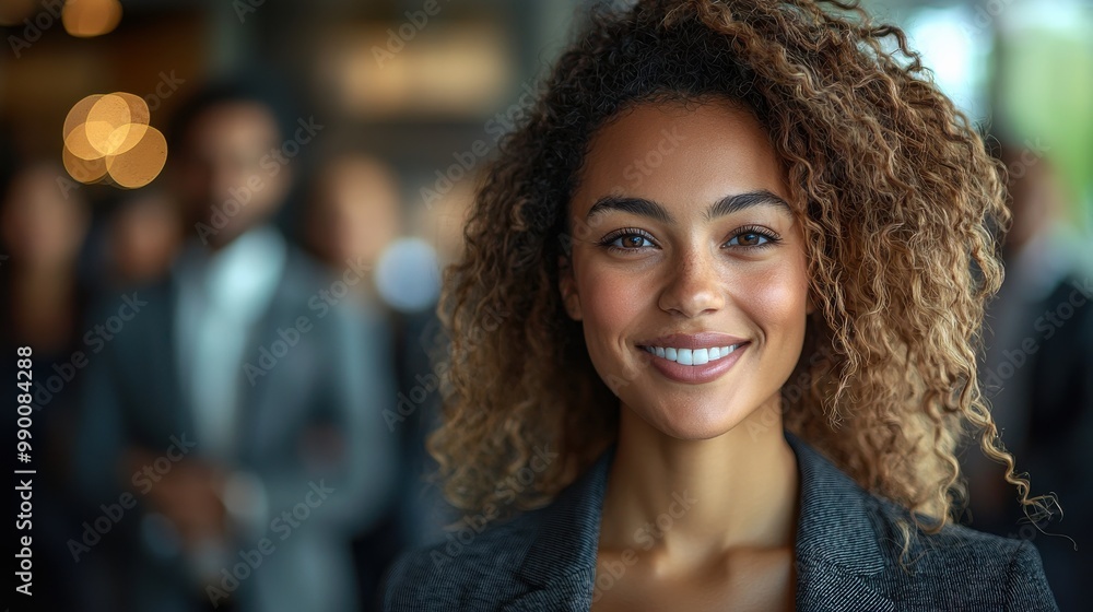 Confident woman with curly hair smiles warmly at a professional event in a stylish setting during daytime Confident woman with curly hair smiles warmly at a professional event in a stylish setting during daytime