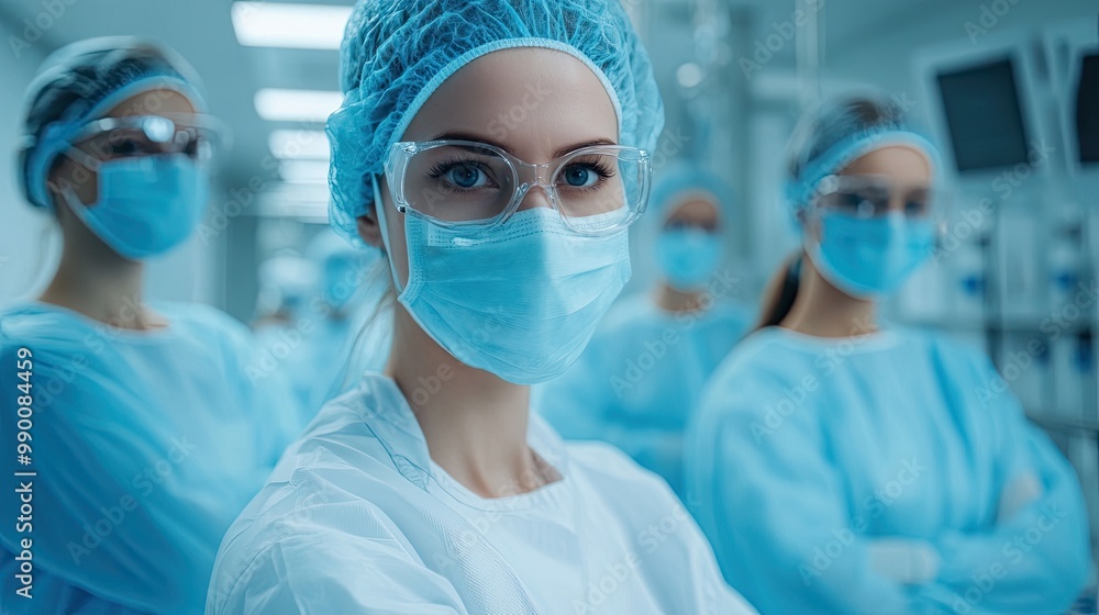 Medical Team in Protective Gear Working in a Modern Hospital Environment with Advanced Equipment Medical Team in Protective Gear Working in a Modern Hospital Environment with Advanced Equipment