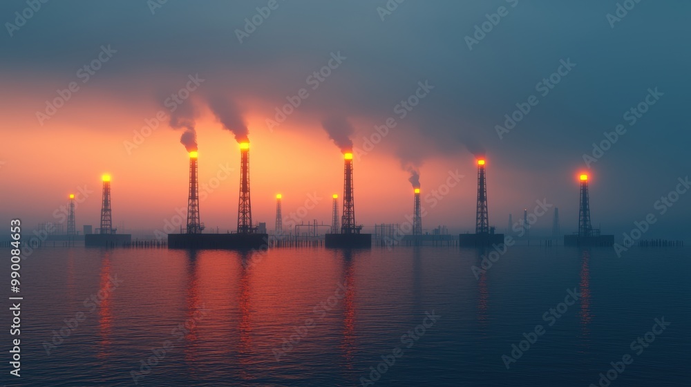 Fototapeta premium Oil Rigs at Sunrise with Smoke and Reflection in Water