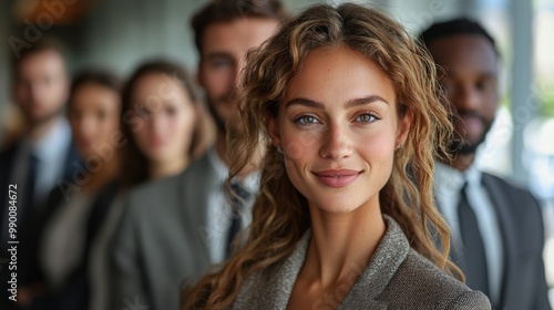 A confident businesswoman stands in front of her team during a corporate meeting in a modern office setting