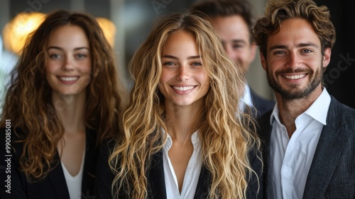 Group of young professionals smiling in formal attire at a modern office during a bright day