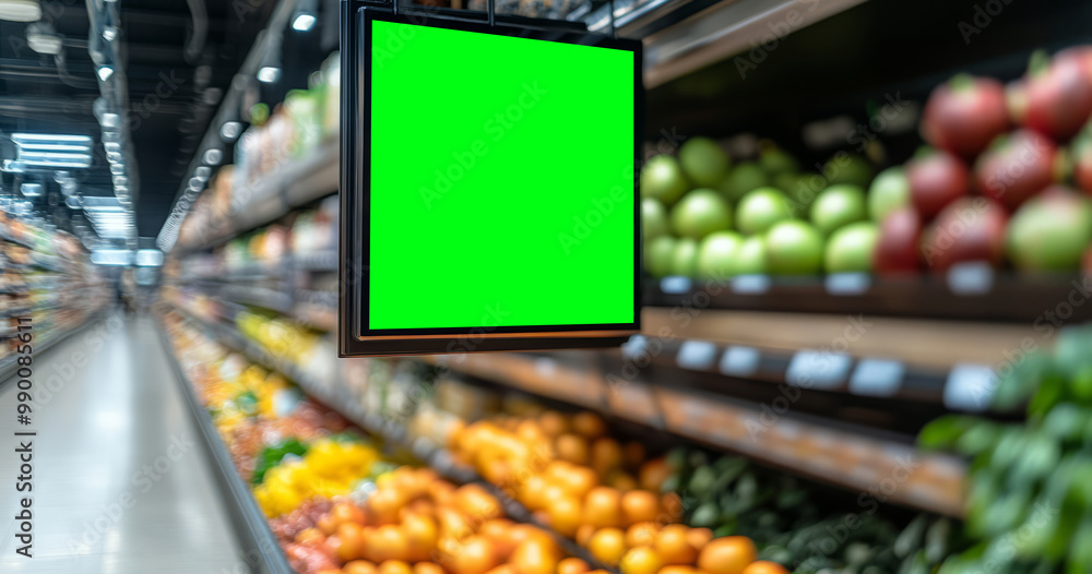 Empty sign in grocery store aisle with fresh produce Empty sign in grocery store aisle with fresh produce