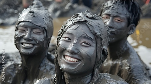 Participants getting completely covered in gray mud while enjoying group activities at the Boryeong Mud Festival. photo