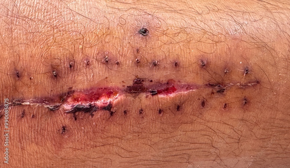 Fototapeta premium Close up Wound fissures and inflammation. Traces of the surgical wound around the skin after the sutures with staples were removed. selective focus.