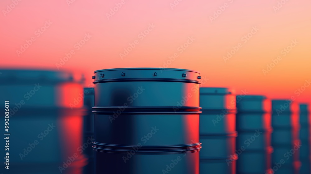 Metallic Oil Barrels at Sunset with Colorful Sky Metallic Oil Barrels at Sunset with Colorful Sky