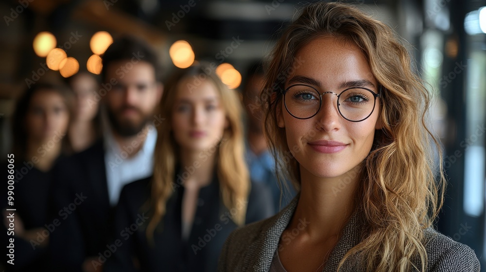 Obraz premium A confident young woman with glasses stands out in a professional setting surrounded by colleagues in a modern office environment