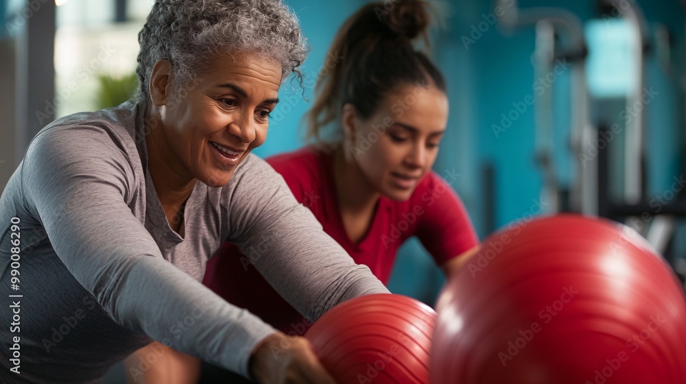 Joyful Women Exercising with Stability Balls in Gym Joyful Women Exercising with Stability Balls in Gym