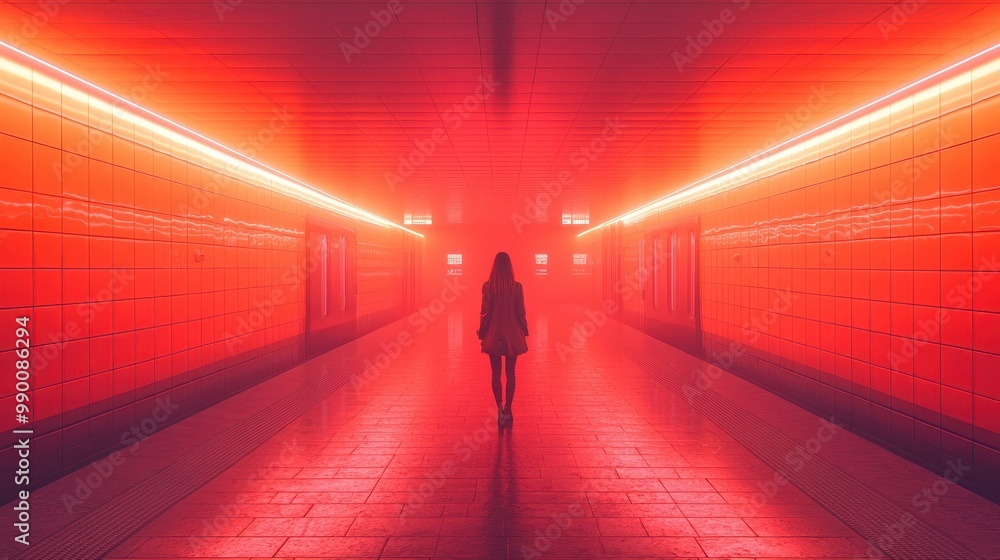 Woman Walking Through Red Neon Lit Tunnel Woman Walking Through Red Neon Lit Tunnel