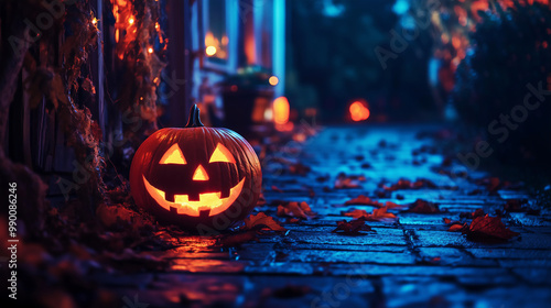 Halloween pumpkin on a cobblestone street at night. Spooky and eerie background with copy space. Halloween concept. photo