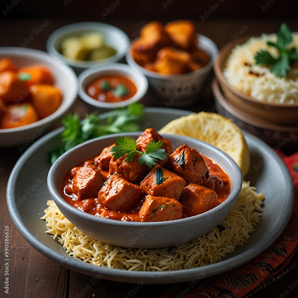 Delicious juicy tasty Chicken tikka dish well cooked with some vegetable served, Chicken tikka masala, cooked marinated chicken in spiced curry sauce Delicious juicy tasty Chicken tikka dish well cooked with some vegetable served, Chicken tikka masala, cooked marinated chicken in spiced curry sauce