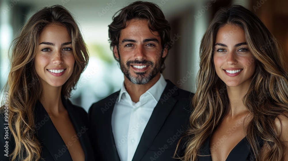 Three stylish individuals posing together in formal attire, creating a vibrant atmosphere in a modern indoor setting Three stylish individuals posing together in formal attire, creating a vibrant atmosphere in a modern indoor setting