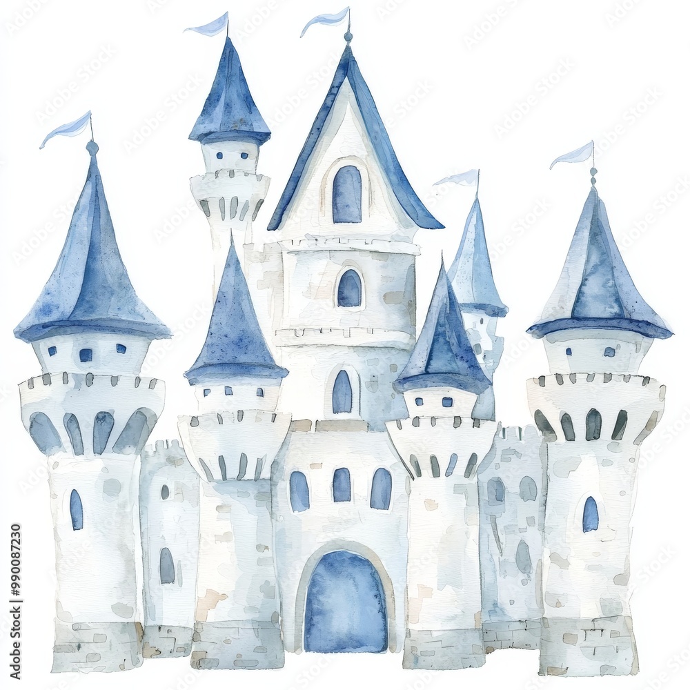 Fototapeta premium beautiful farytale castle - nursery watercolor drawing on white background