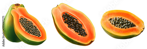 A vibrant display of whole and sliced papayas showcasing their bright orange flesh and black seeds against a dark background. photo