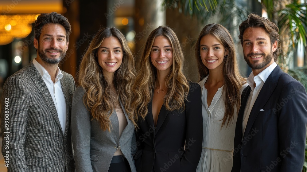 Group of five individuals smiling together in a stylish indoor setting during a networking event Group of five individuals smiling together in a stylish indoor setting during a networking event