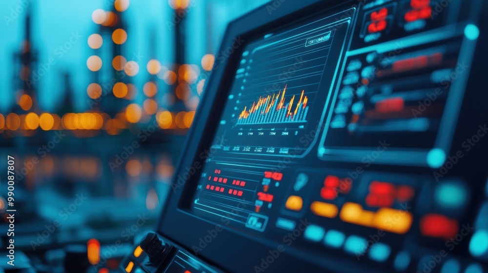 Naklejka premium Digital Control Panel at Industrial Facility at Dusk