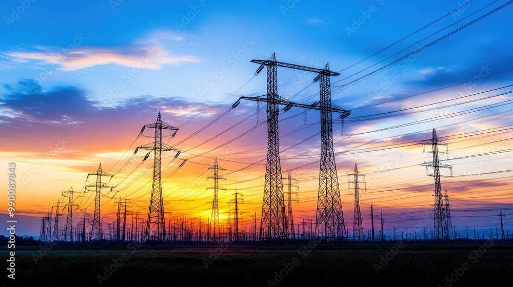 Fototapeta premium Power grid silhouetted at sunset, symbolizing the importance of protecting electricity distribution