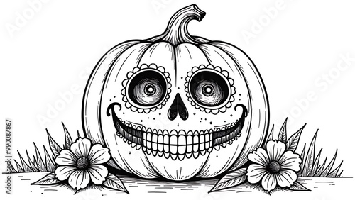 coloring page big pumpkin with skull painted on it Dia de Los Muertos photo