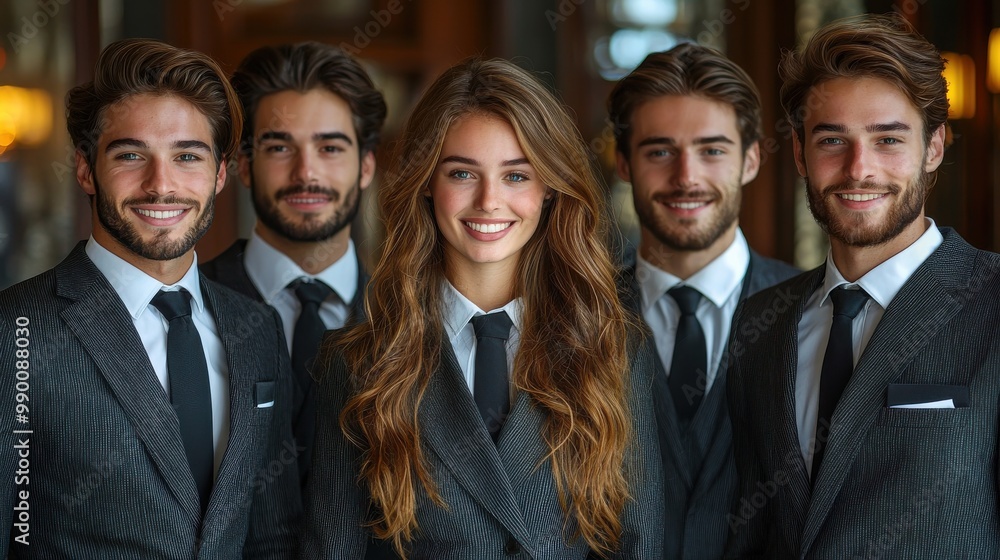 Group of stylish individuals in tailored suits smiling together at an elegant venue during golden hour Group of stylish individuals in tailored suits smiling together at an elegant venue during golden hour