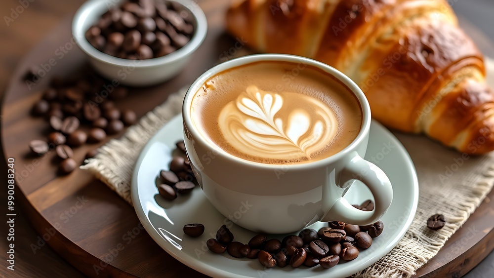 A delightful flat lay featuring a fresh coffee cup beside a flaky croissant. The warm tones and textures create an inviting scene perfect for a cozy breakfast or brunch. A delightful flat lay featuring a fresh coffee cup beside a flaky croissant. The warm tones and textures create an inviting scene perfect for a cozy breakfast or brunch.